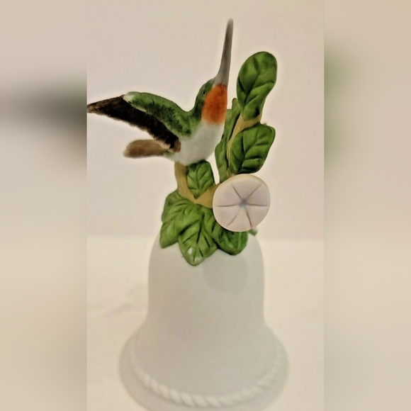 Ruby Throated Hummingbird Handpainted Porcelain White Bell w/Floral Decor - Picture 3 of 8